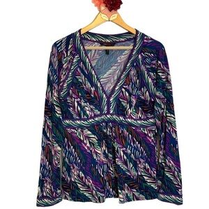 BCBGMAXAZRIA blouse purple navy multicolor babydoll v neck top size large